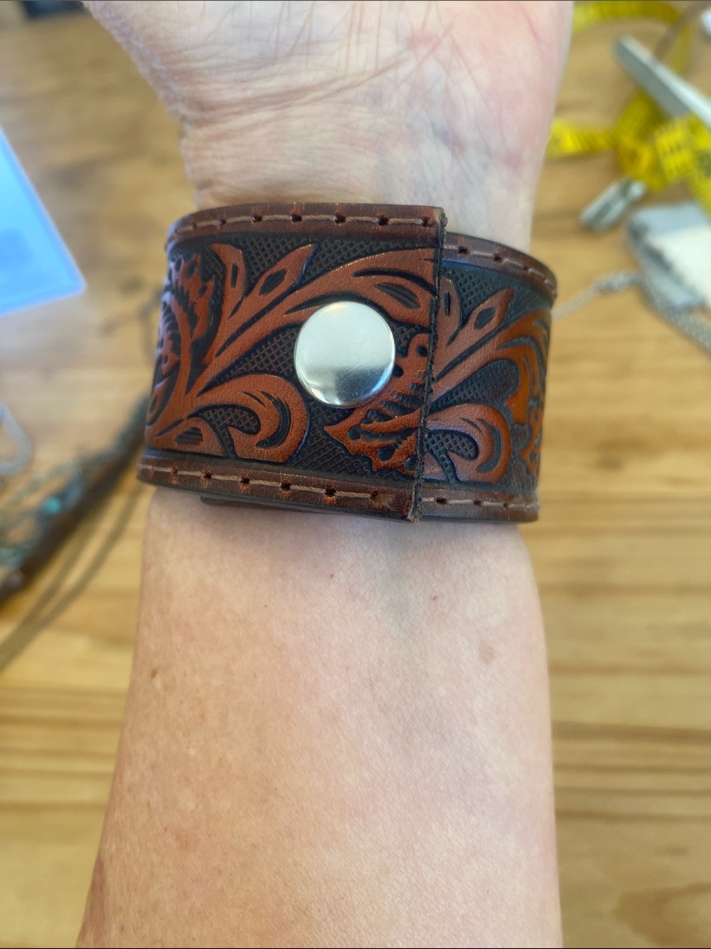 Tooled Leather Cuff Bracelet in Brown and Black - Picture 3 of 5